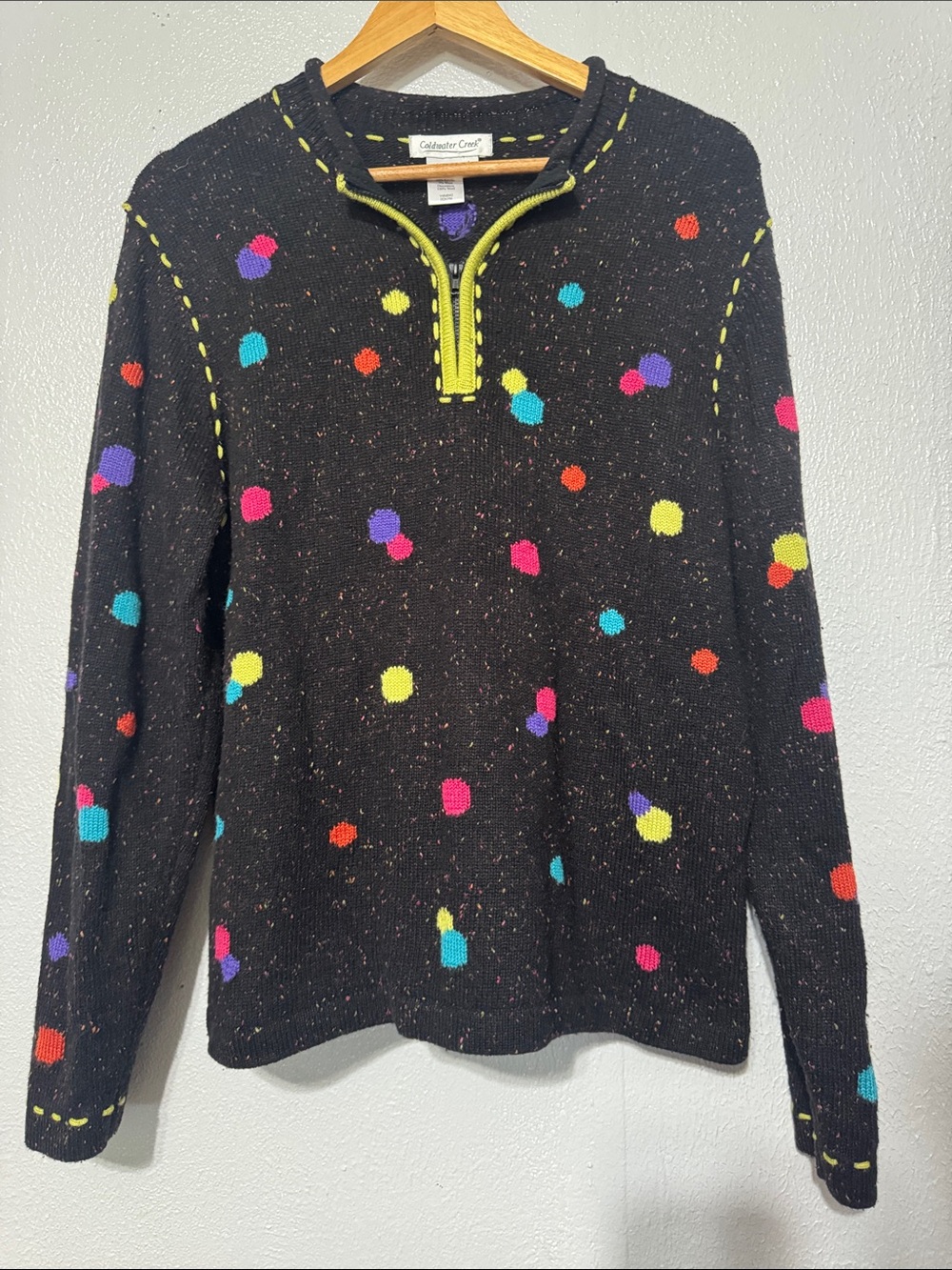 Vintage Retro Colorful Confetti Polka Dot Quarter Zip Knit Sweater L